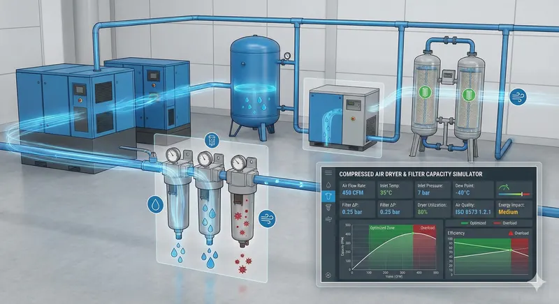Compressed-air dryer and filter train with monitoring