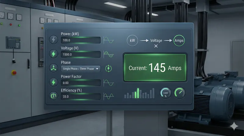 Compressor power monitoring panel showing kW, voltage and current
