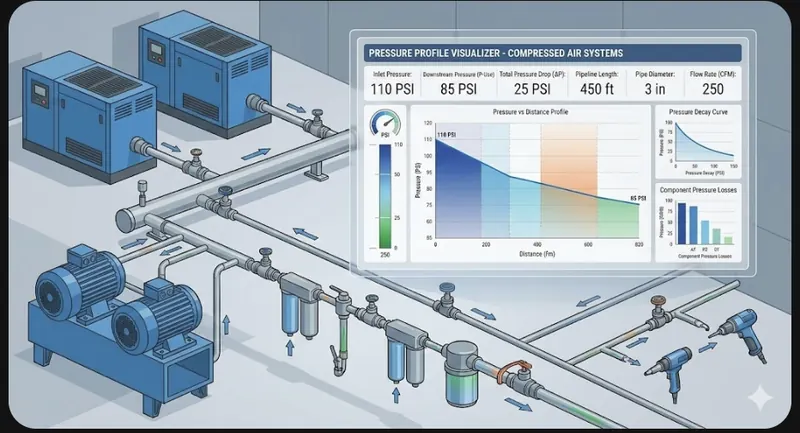 Pressure profile of a compressed-air network from compressor to point of use